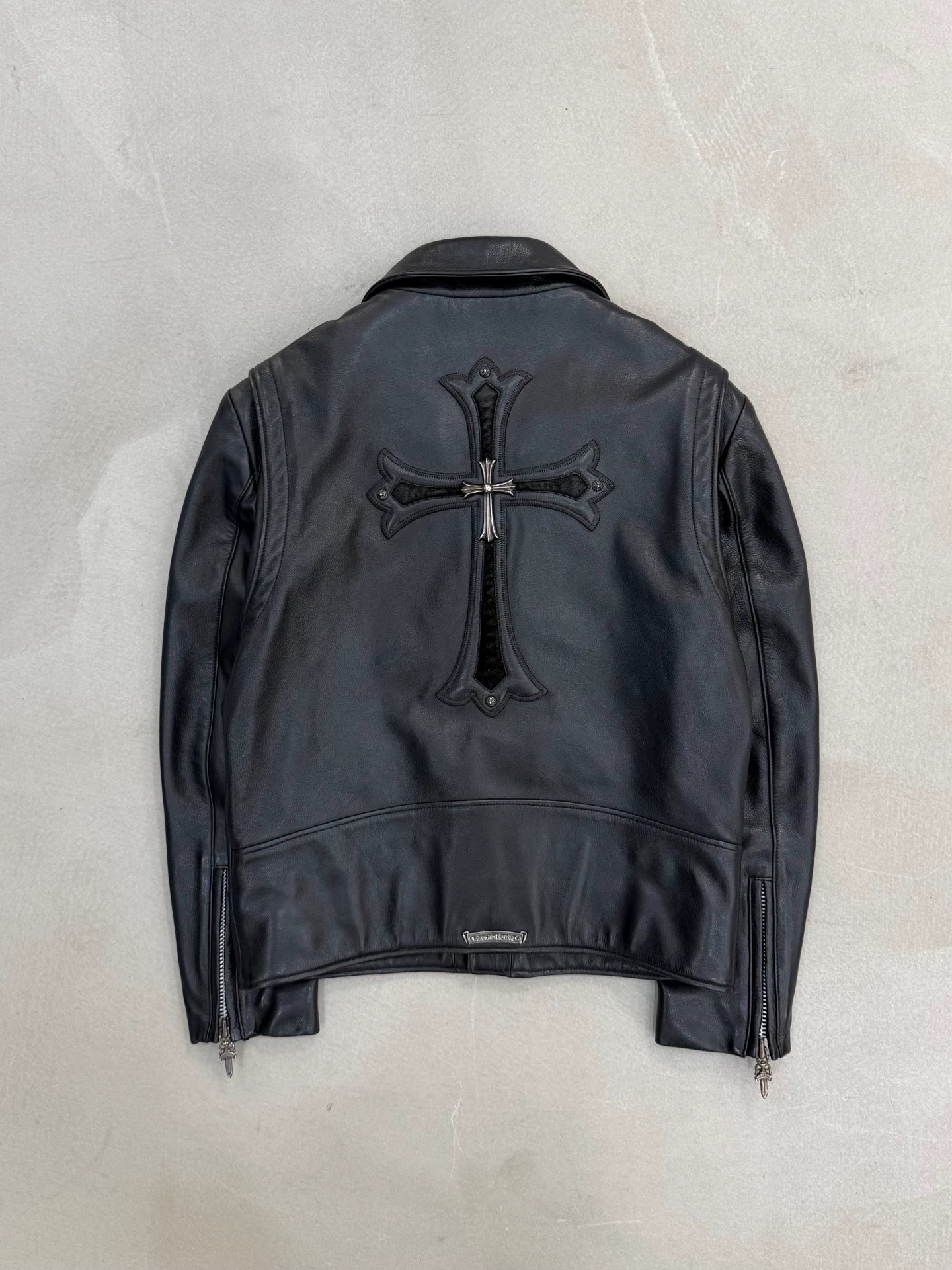 Chrome Hearts leather motorcycle jacket with silver cross detail on the back