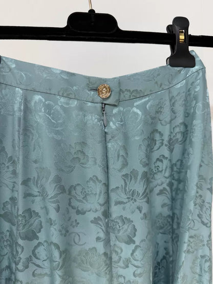 Chanel 25A green floral satin midi skirt