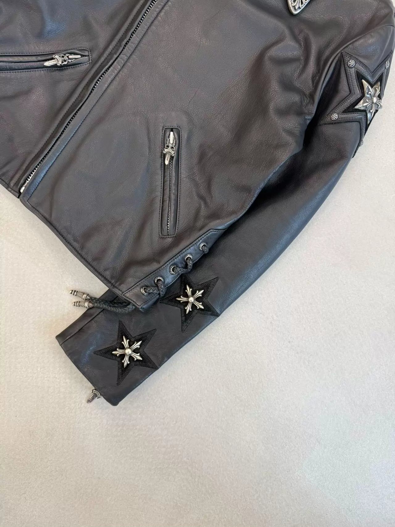 Chrome Hearts leather jacket with silver five-pointed star embellishments