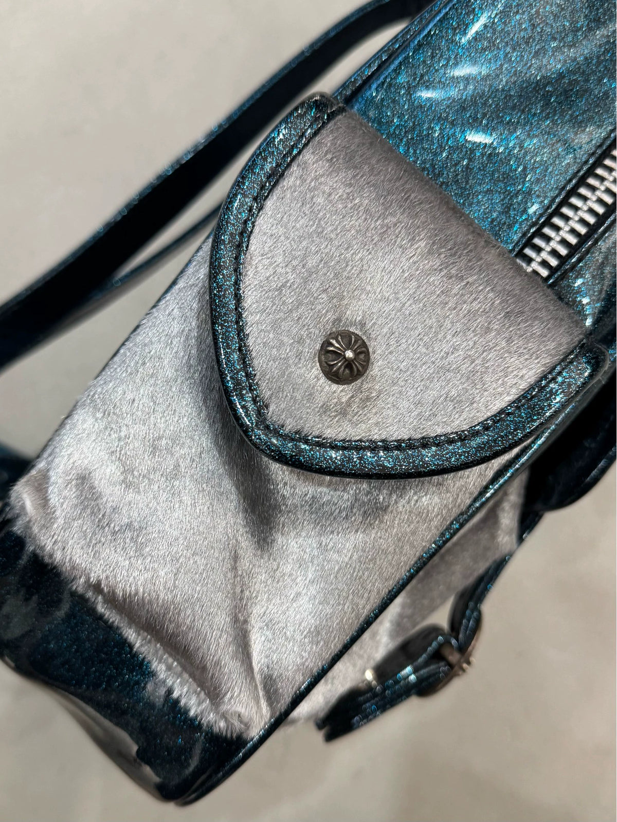 Chrome Hearts Glitter Starry Sky Leather Patchwork Silver Horse Hair Backpack with Silver Jewelry