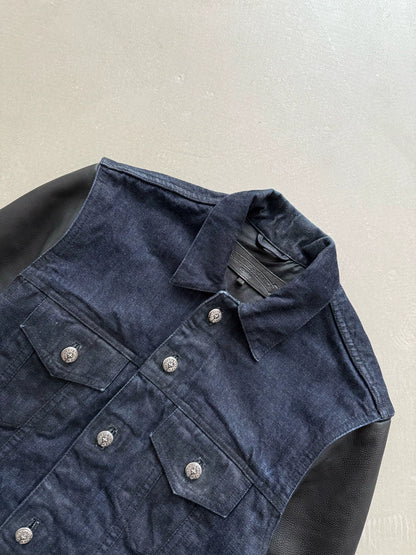 Chrome Hearts denim jacket with leather sleeves and a flame pattern on the back