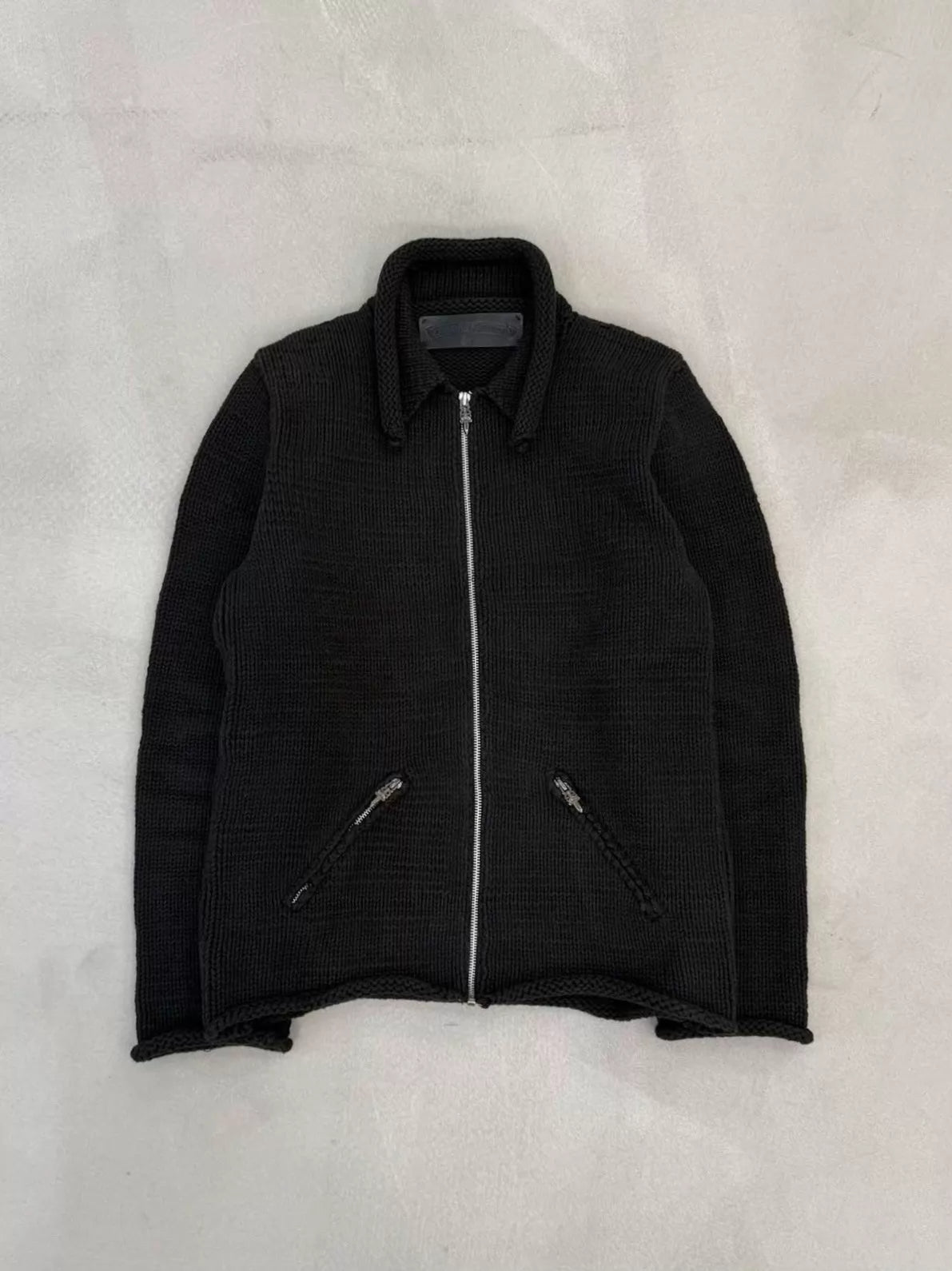 Chrome Hearts chunky knit jacket with trident cross patch and leather zip-up back