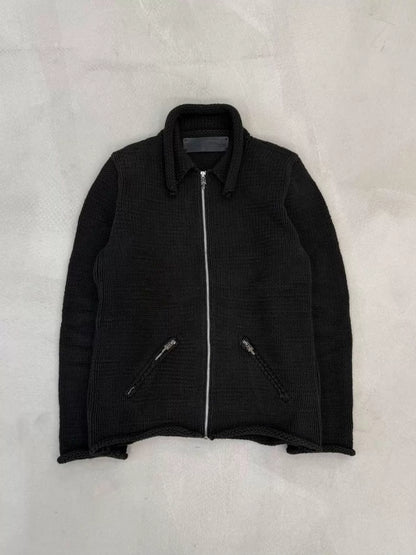 Chrome Hearts chunky knit jacket with trident cross patch and leather zip-up back