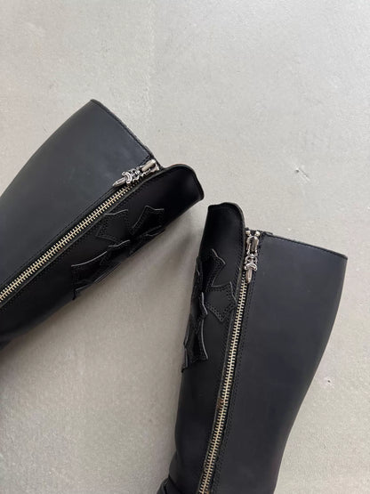 Chrome Hearts Harley Davidson Women's Trident Cross Leather Boots with Double Swords and Silver Zipper