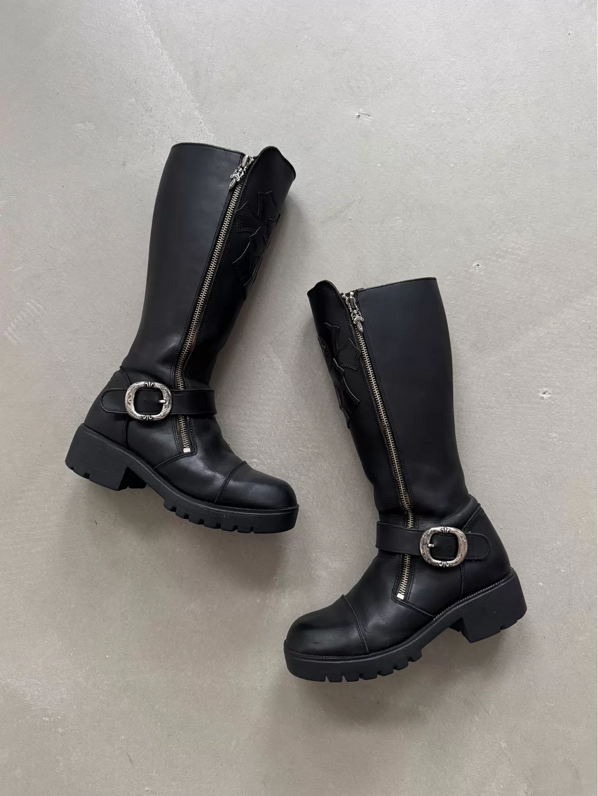 Chrome Hearts Harley Davidson Women's Trident Cross Leather Boots with Double Swords and Silver Zipper