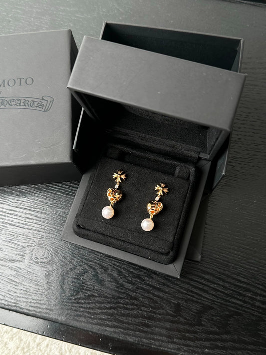 Chrome Hearts x Mikimoto 22k gold cross-flower pearl and diamond stud earrings