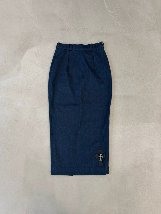 Chrome Hearts cross-embellished leather denim pencil skirt