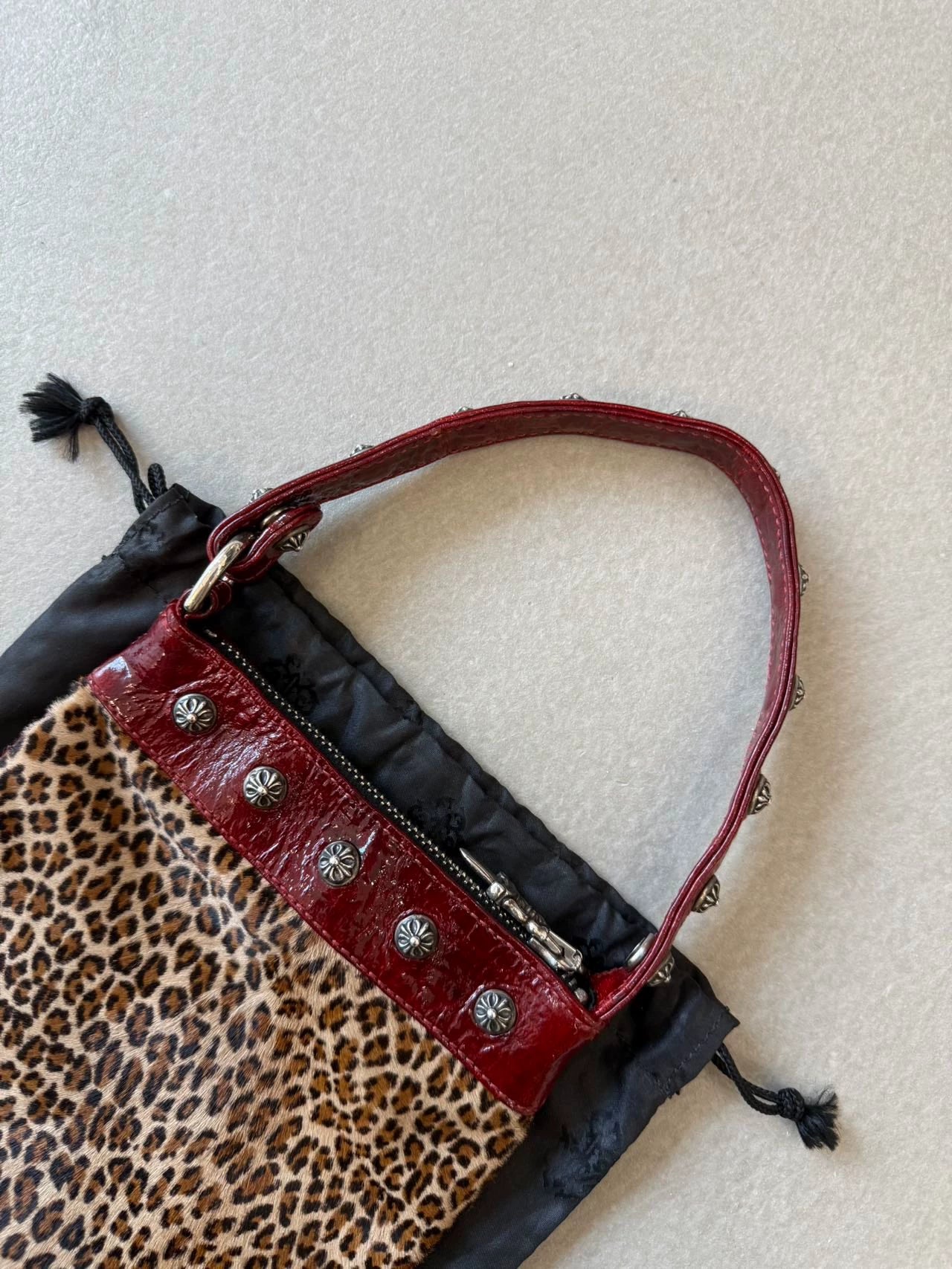 Chrome Hearts Leopard Print Horse Hair Red Patent Leather Handbag