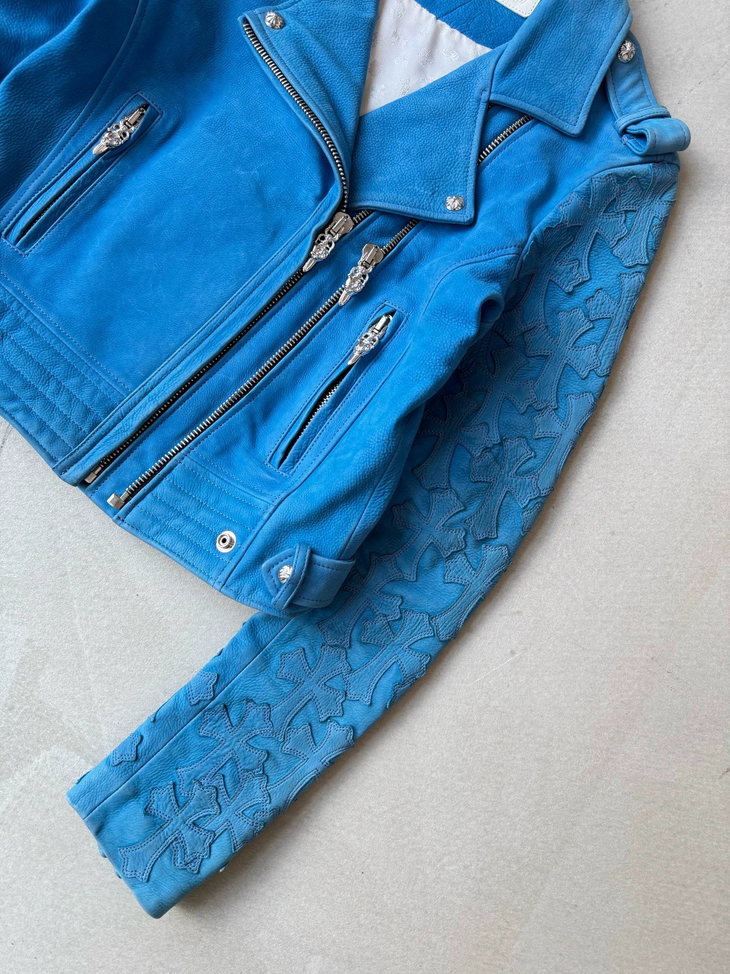 Chrome Hearts Women's 1 of 1 Leather Motorcycle Jacket with Full Cross Patchwork on the Arms