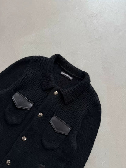 Chrome Hearts cashmere and leather patchwork knit cardigan with silver buttons