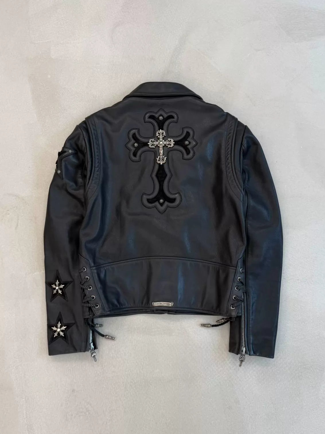 Chrome Hearts leather jacket with silver five-pointed star embellishments