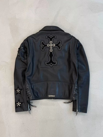 Chrome Hearts leather jacket with silver five-pointed star embellishments