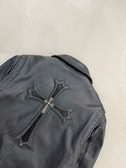 Chrome Hearts leather motorcycle jacket with silver cross detail on the back