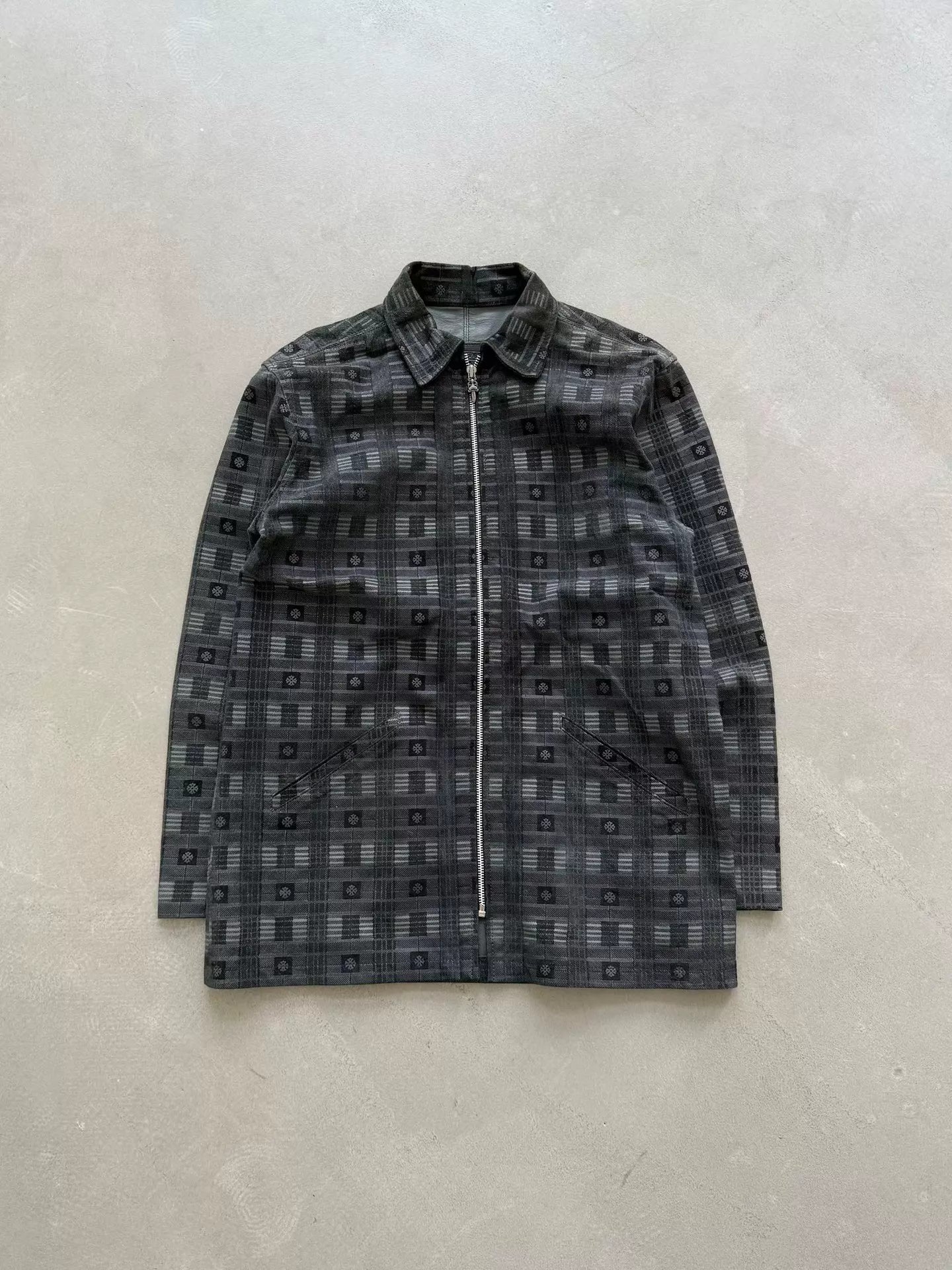 Chrome Hearts checkered all-over cross print, Fleur flame patchwork suede Jacket
