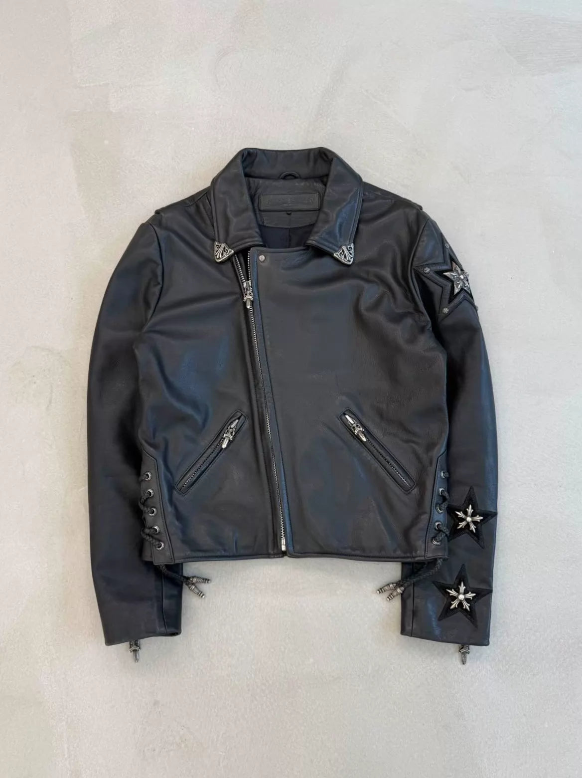 Chrome Hearts leather jacket with silver five-pointed star embellishments