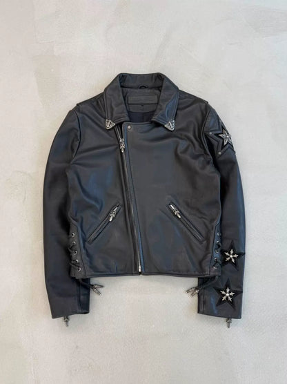 Chrome Hearts leather jacket with silver five-pointed star embellishments