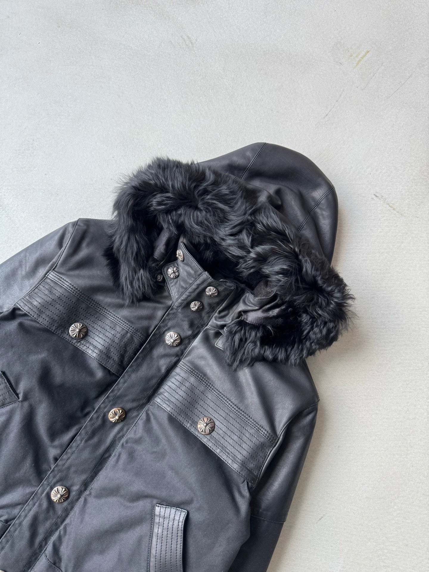 Chrome Hearts fur-trimmed leather-trimmed down-filled coat