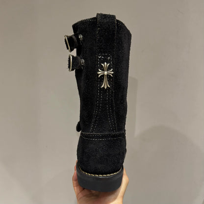 Chrome Hearts x Wesco Suede Gunslinger Buckle with Silver Cross Back Engineer Boots