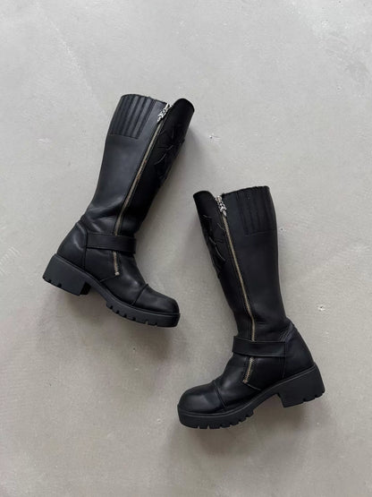 Chrome Hearts Harley Davidson Women's Trident Cross Leather Boots with Double Swords and Silver Zipper
