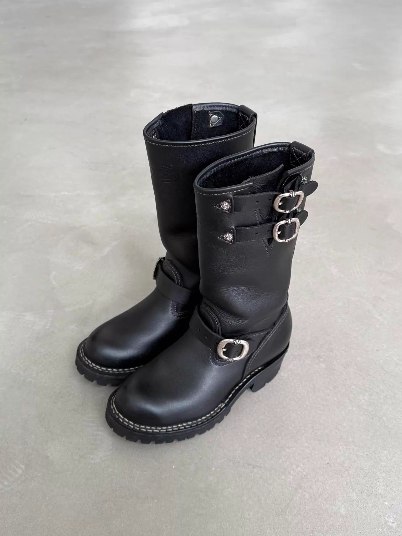 Chrome Hearts x Wesco Women's Double Gunslinger Adjustable Buckle Cross Silver Engineer Leather Boots