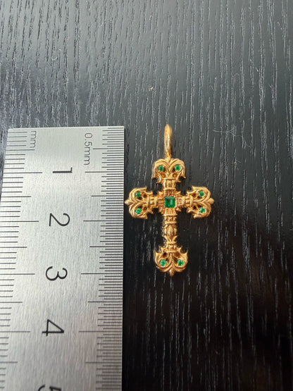 Chrome Hearts 22k Gold Emerald Flame Cross Pendant