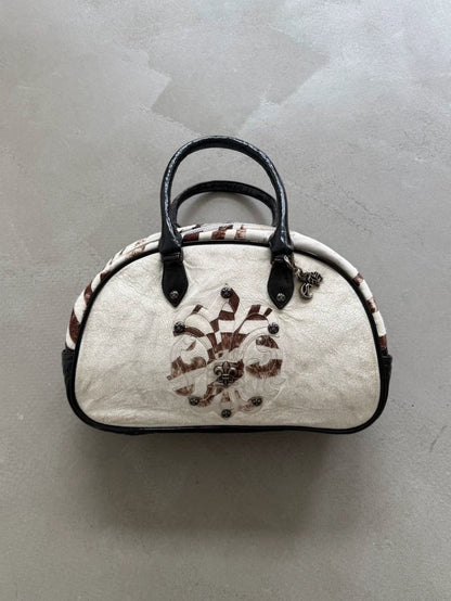 Chrome Hearts BS Scout Flower Silver Applied Leather "CH" Charm Horsehair Crackle Leather Bowling Bag