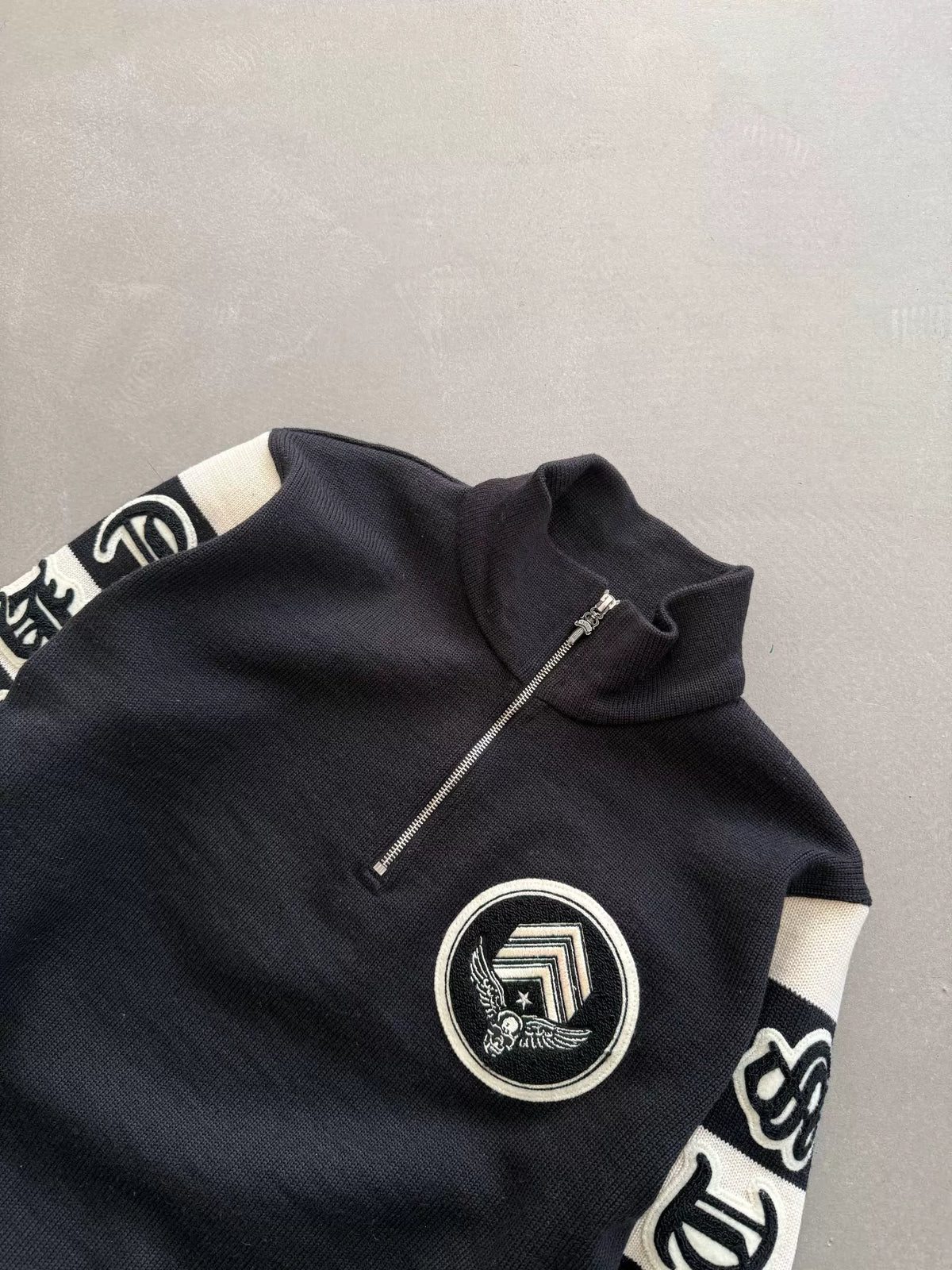 Chrome Hearts Sanskrit floral print front and back Foti patch half-zip wool knit sweater
