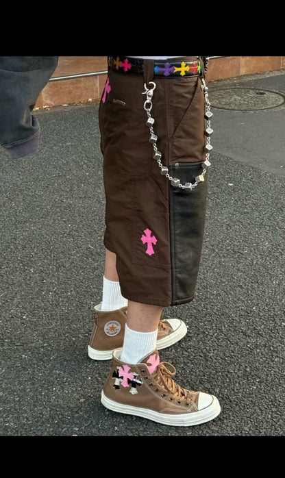 Chrome Hearts brown knee-high leather cargo shorts