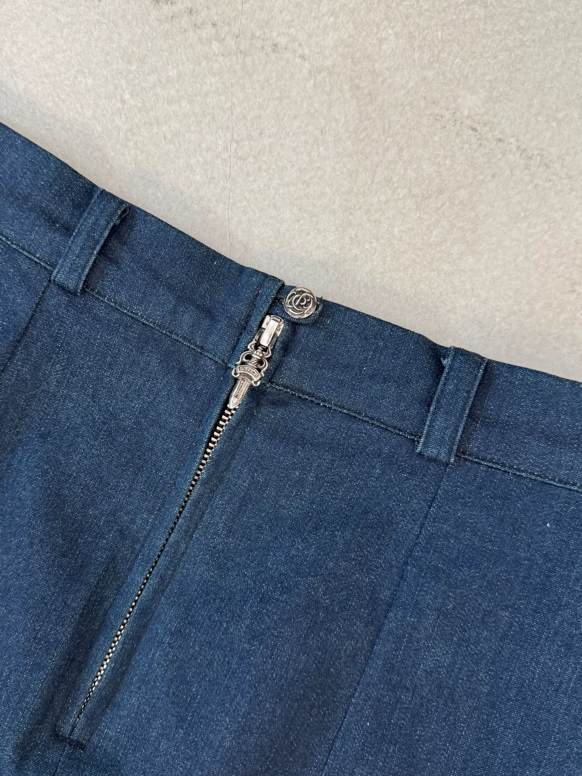 Chrome Hearts cross-embellished leather denim pencil skirt