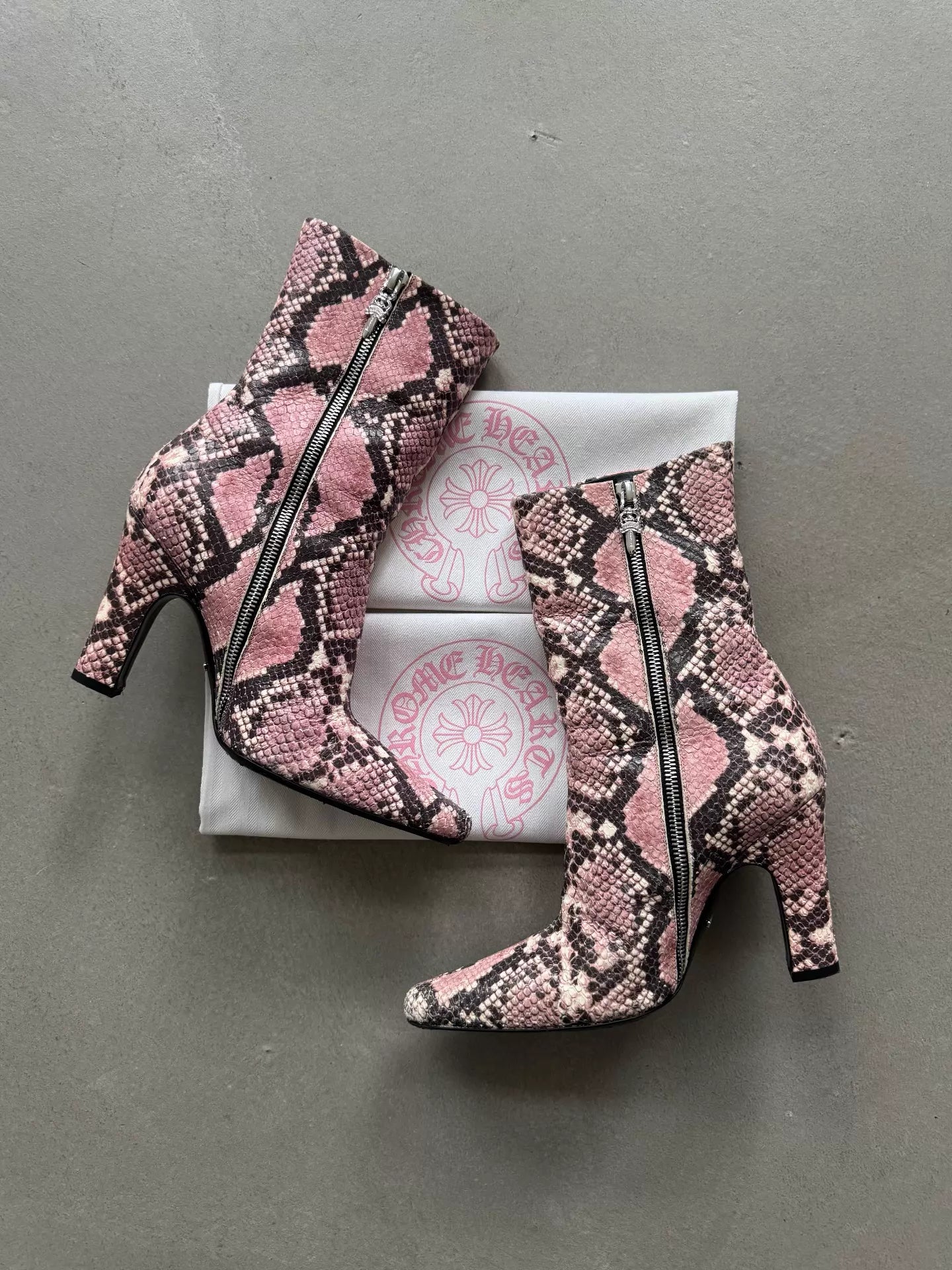 Chrome Hearts Sugar Jones sword-embellished silver zipper pink snakeskin Boots