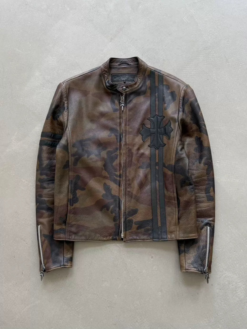 Chrome Hearts horseshoe cross pattern leather camouflage racing motorcycle jacket