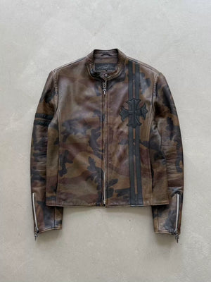 Chrome Hearts horseshoe cross pattern leather camouflage racing motorcycle jacket