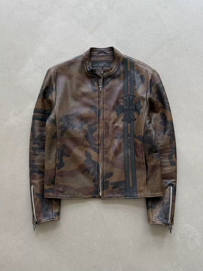Chrome Hearts horseshoe cross pattern leather camouflage racing motorcycle jacket