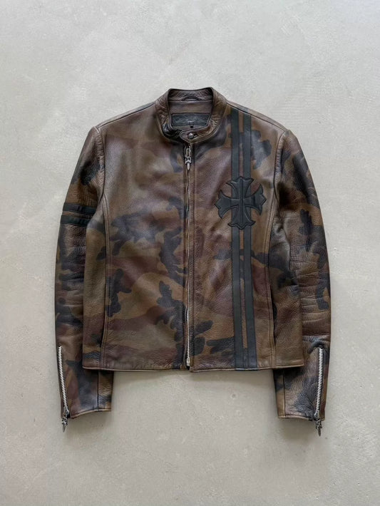 Chrome Hearts horseshoe cross pattern leather camouflage racing motorcycle jacket