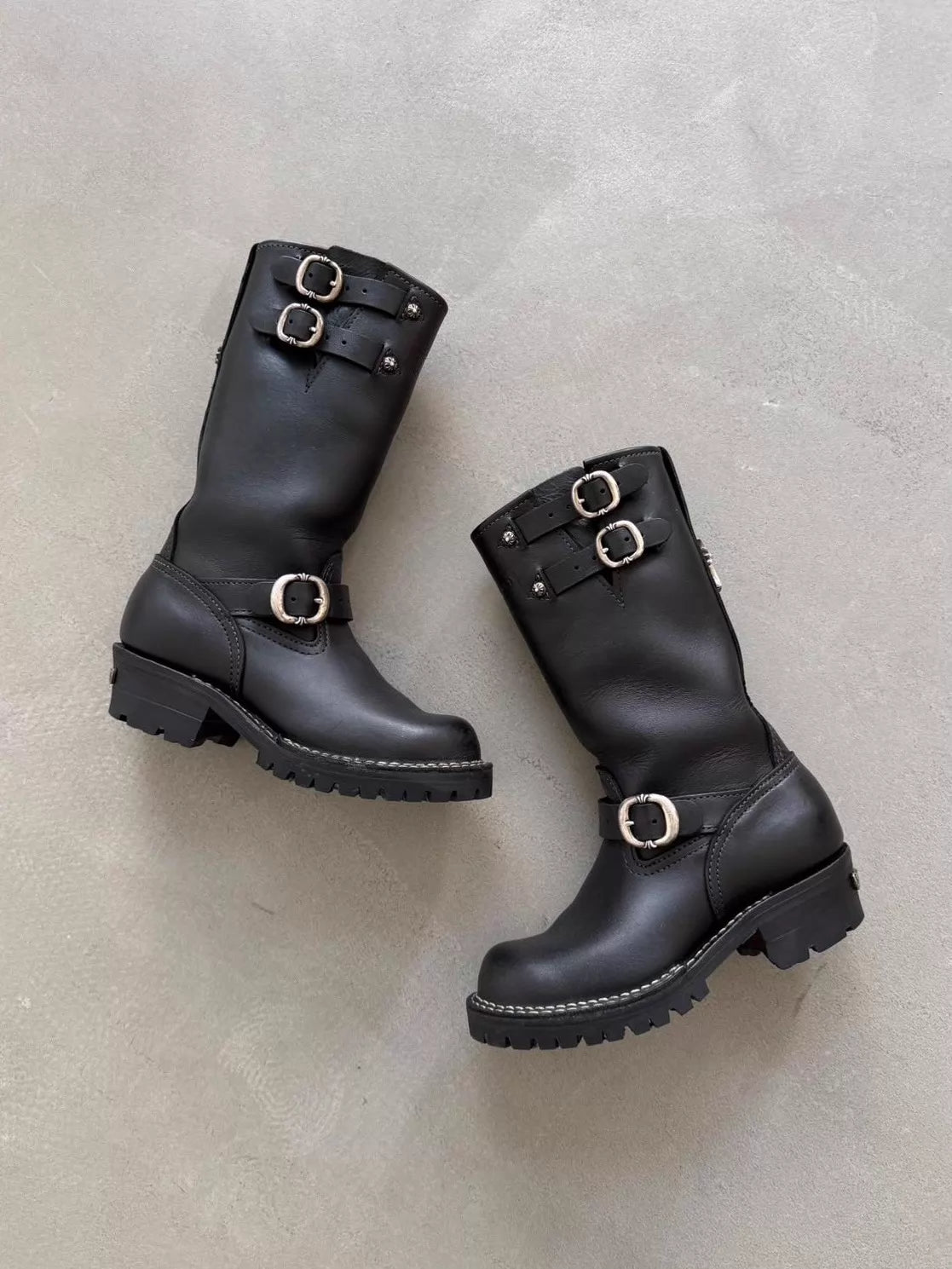 Chrome Hearts x Wesco Women's Double Gunslinger Adjustable Buckle Cross Silver Engineer Leather Boots