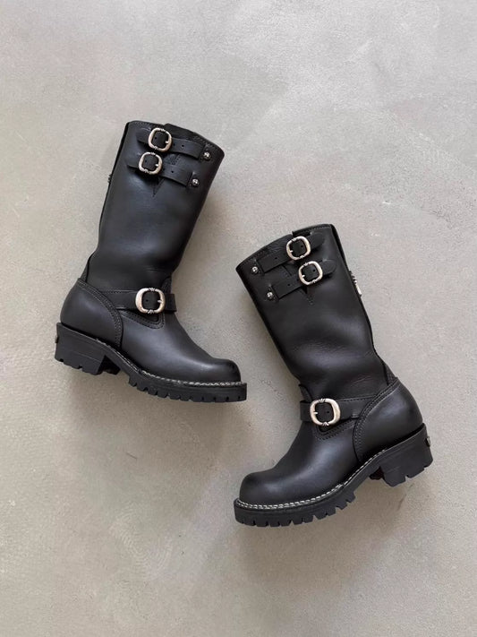 Chrome Hearts x Wesco Women's Double Gunslinger Adjustable Buckle Cross Silver Engineer Leather Boots