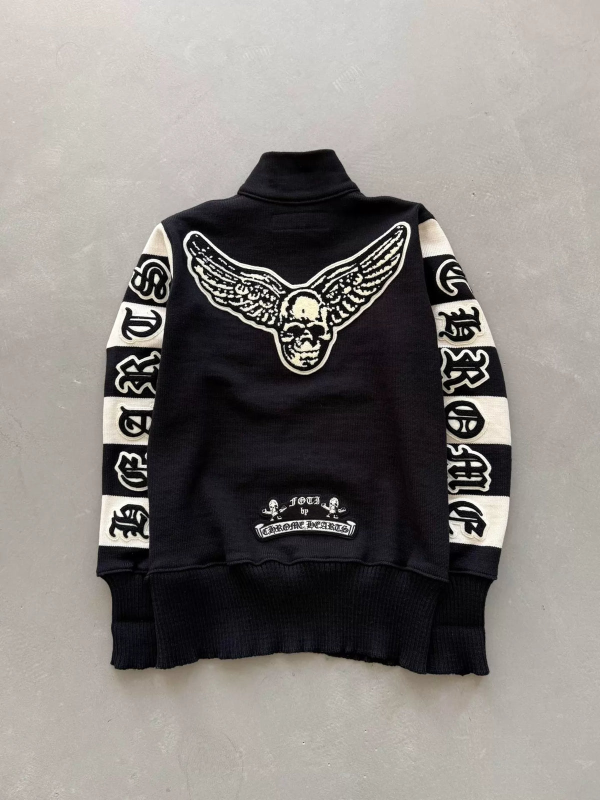 Chrome Hearts Sanskrit floral print front and back Foti patch half-zip wool knit sweater