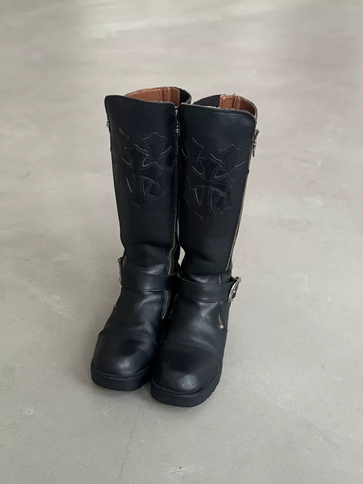 Chrome Hearts Harley Davidson Women's Trident Cross Leather Boots with Double Swords and Silver Zipper