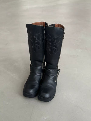 Chrome Hearts Harley Davidson Women's Trident Cross Leather Boots with Double Swords and Silver Zipper