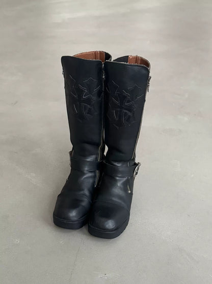 Chrome Hearts Harley Davidson Women's Trident Cross Leather Boots with Double Swords and Silver Zipper