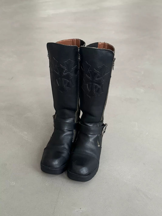 Chrome Hearts Harley Davidson Women's Trident Cross Leather Boots with Double Swords and Silver Zipper