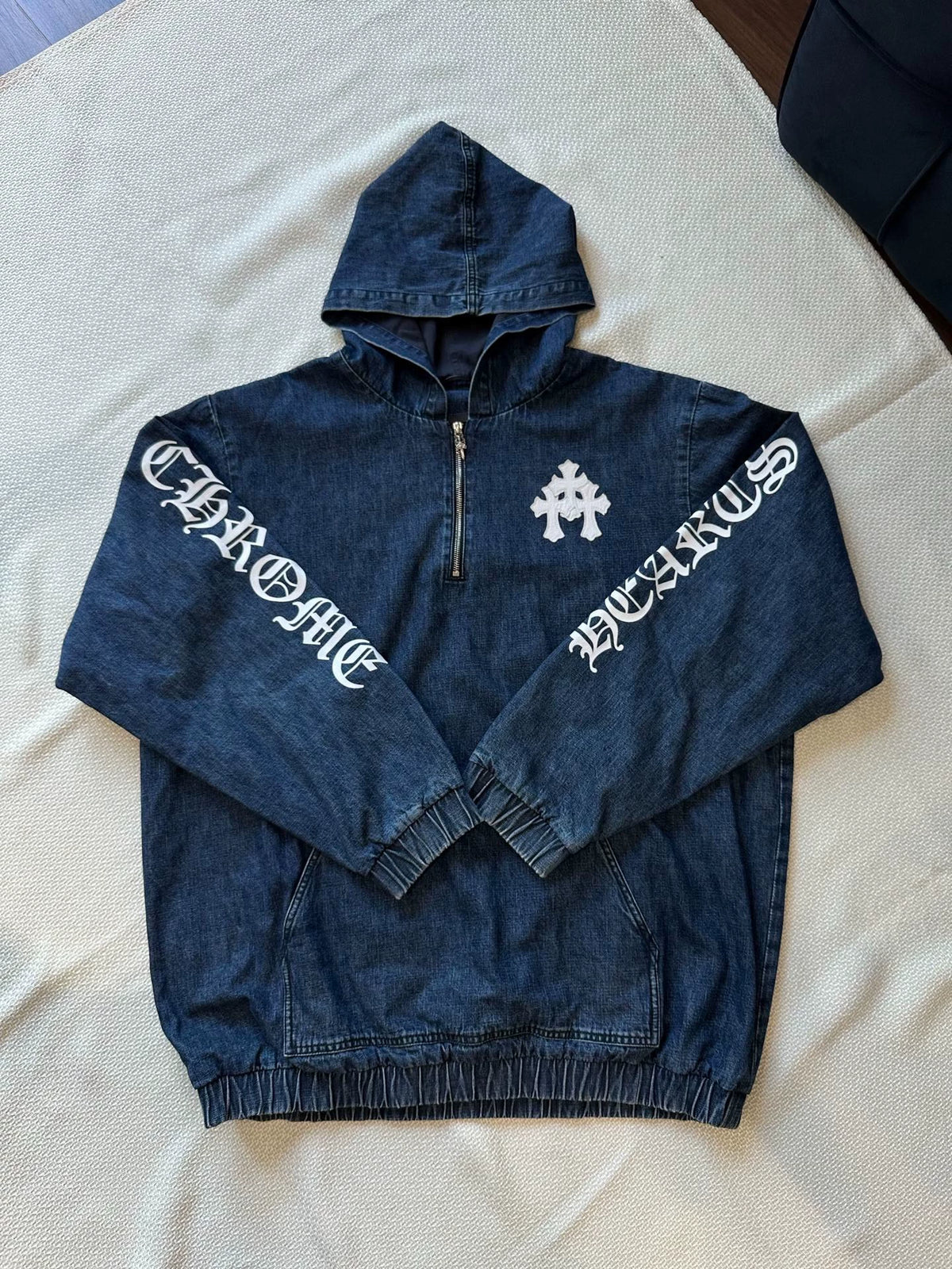 Chrome Hearts blue denim half-zip hoodie jacket