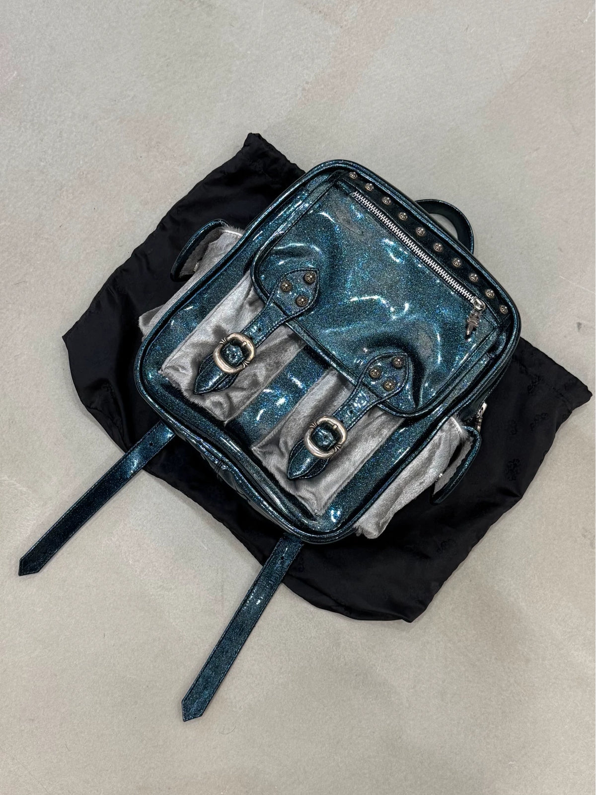 Chrome Hearts Glitter Starry Sky Leather Patchwork Silver Horse Hair Backpack with Silver Jewelry