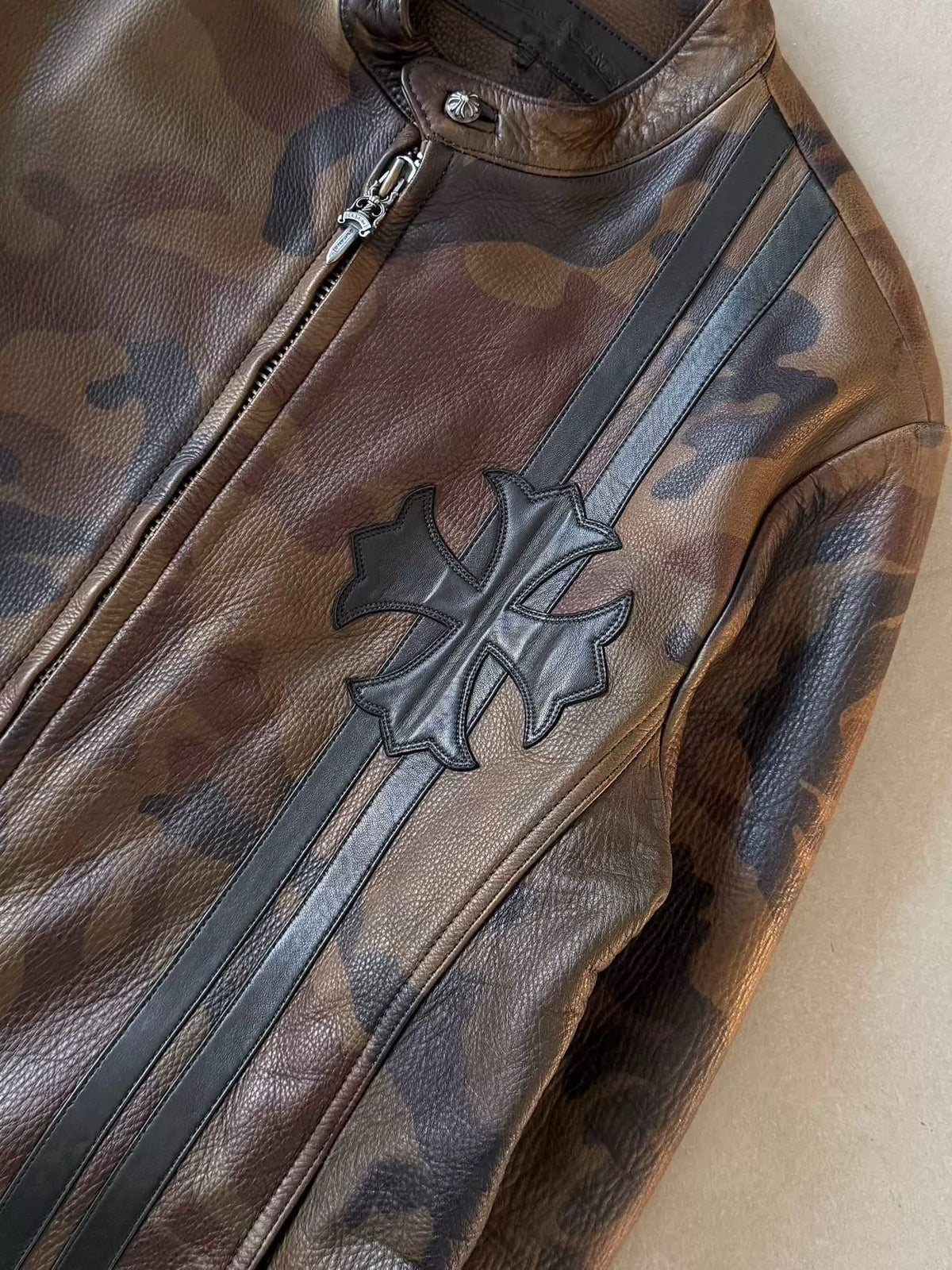 Chrome Hearts horseshoe cross pattern leather camouflage racing motorcycle jacket
