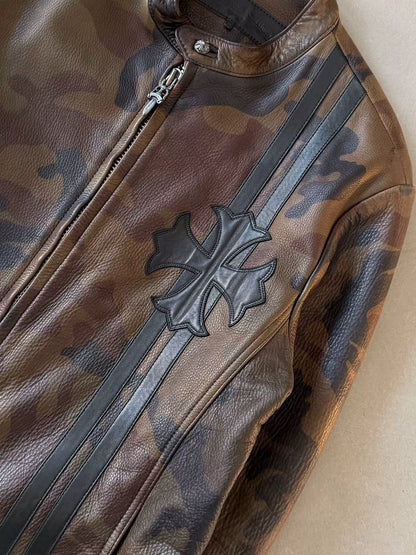 Chrome Hearts horseshoe cross pattern leather camouflage racing motorcycle jacket