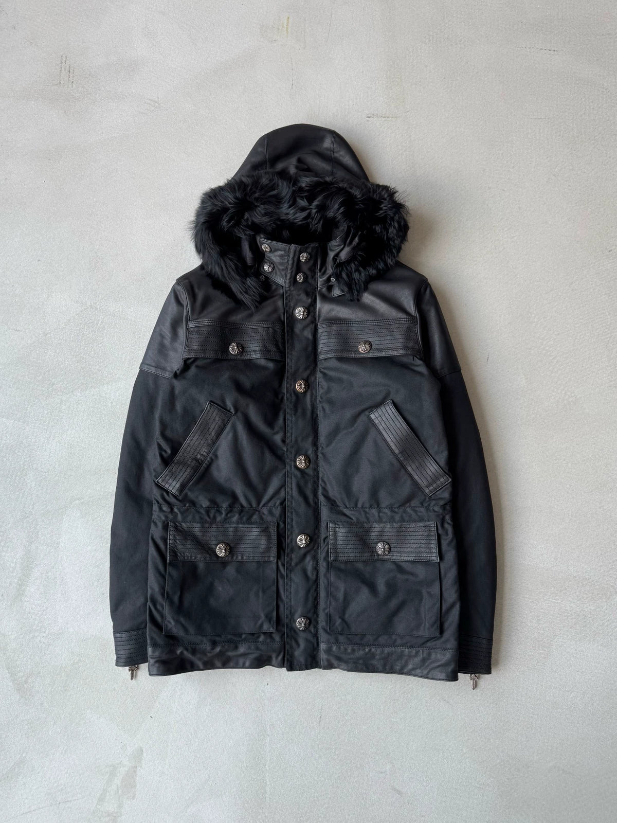 Chrome Hearts fur-trimmed leather-trimmed down-filled coat