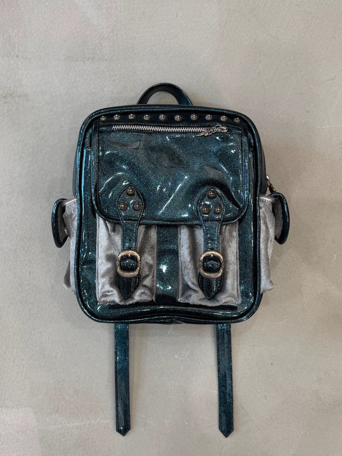Chrome Hearts Glitter Starry Sky Leather Patchwork Silver Horse Hair Backpack with Silver Jewelry
