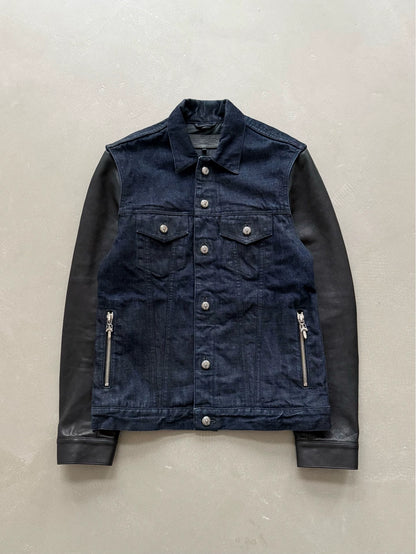 Chrome Hearts denim jacket with leather sleeves and a flame pattern on the back