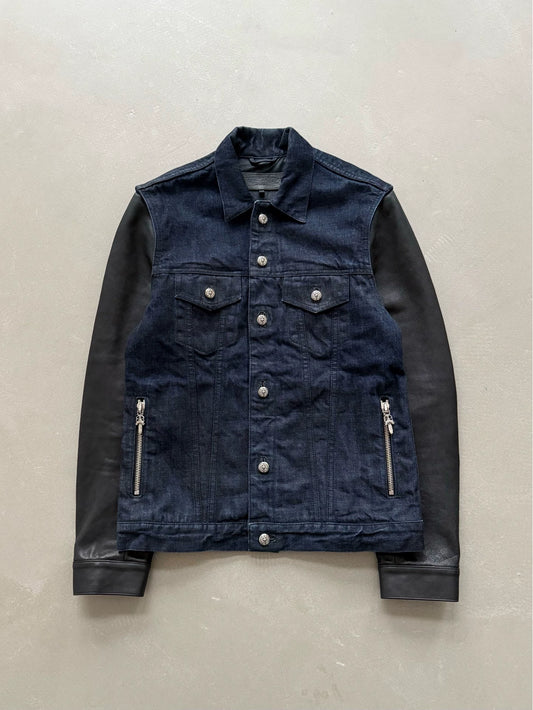 Chrome Hearts denim jacket with leather sleeves and a flame pattern on the back