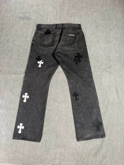 Chrome Hearts Black/Grey Flame Cross Patchwork Jeans